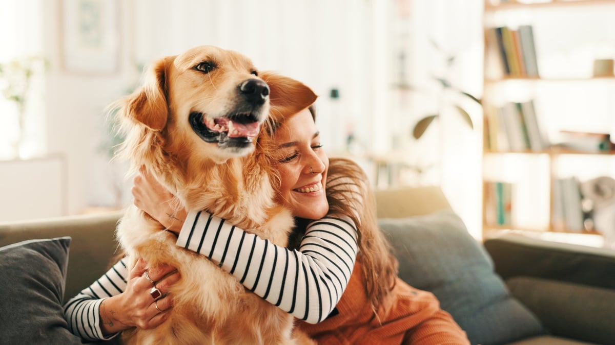 Hug, love or happy woman on sofa with dog, support or companion in house with care or affection