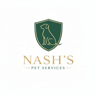 Nashs Pet Services logo featuring a sitting dog in a shield with gold text